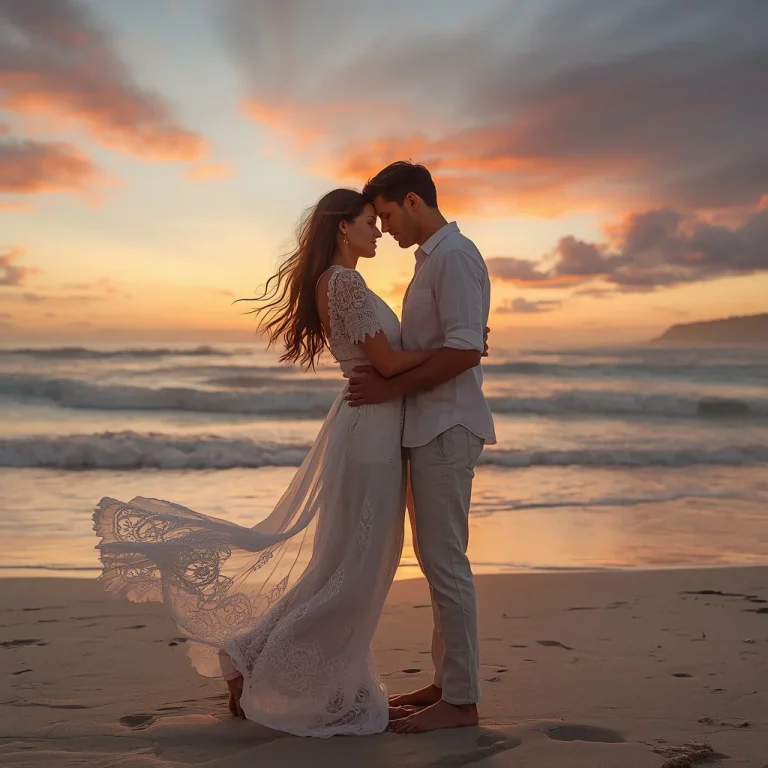 A Loving Couple on a Sunset Beach with Flowing Garments | Loving Couple Captured