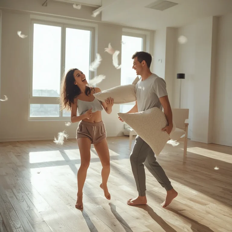 A Playful Couple Having a Pillow Fight in a Loft | Playful Couple Captured