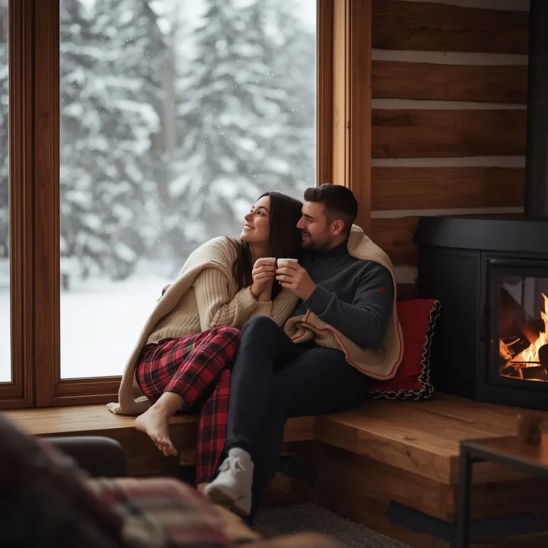 A romantic couple enjoying a winter cabin getaway | Hot Couple Prompt