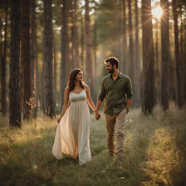 A romantic couple walking in a sunlit forest | Couple Trending Prompt