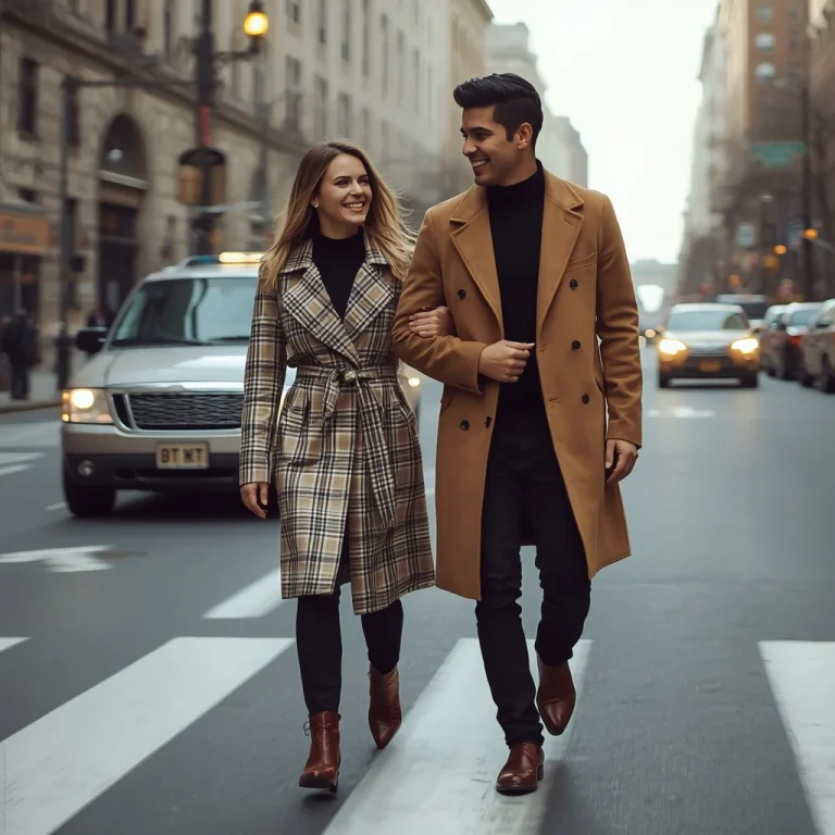 A stylish couple walking down a busy city street | Romantic Couple Prompts
