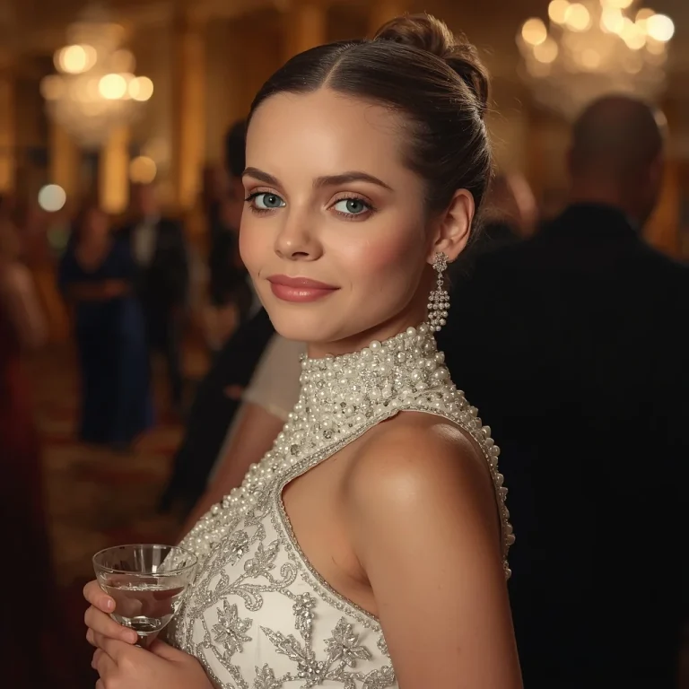 Beautiful Girl In Pearl Encrusted Party Dress At Evening Gala | Close-up Portrait Girl