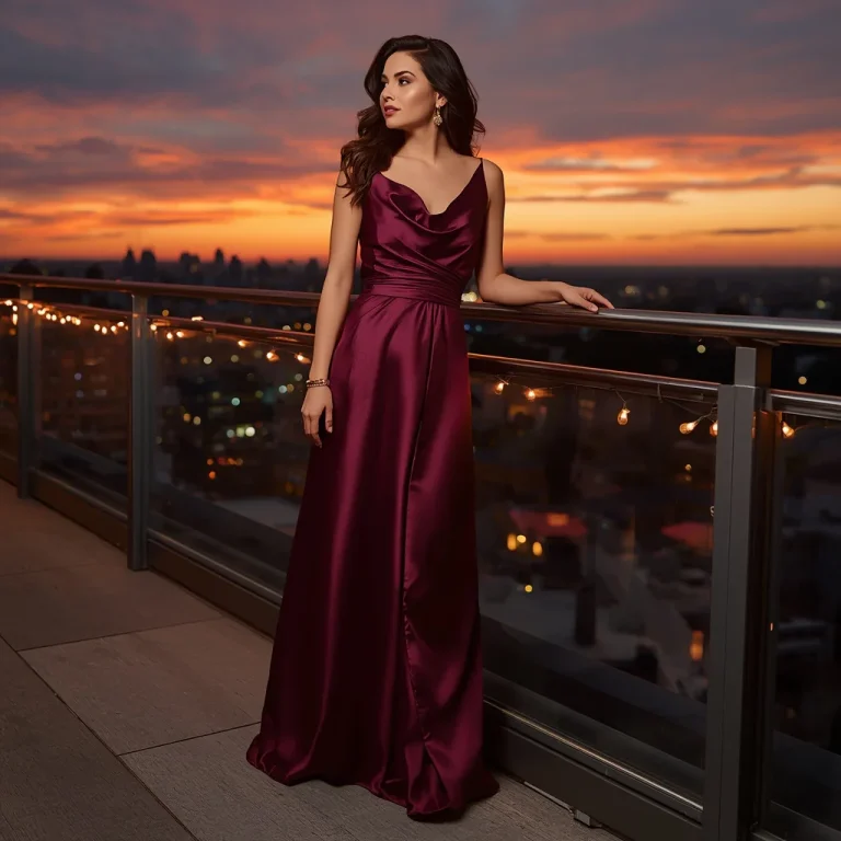Elegant Satin Maxi Dress for a Rooftop Dinner Party | gemini ai photo prompt copy paste