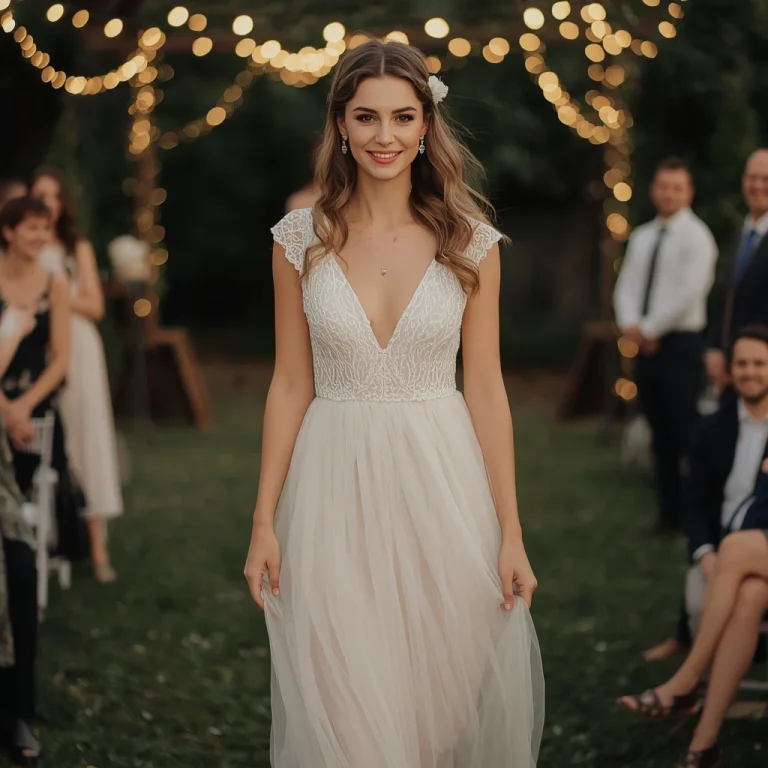 Ethereal White Tulle Maxi Dress for a Romantic Outdoor Wedding | Happy Ai Prompt