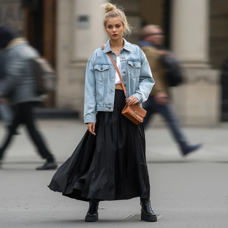 Latest Fashion: Oversized Denim Jacket and Maxi Skirt | Prompt for Gemini AI girl trending