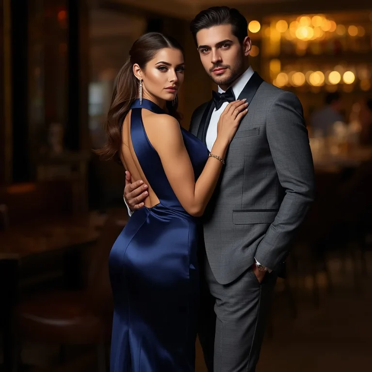 Romantic Couple In Glamorous Navy and Grey Evening Wear | Best couple prompt ChatGPT