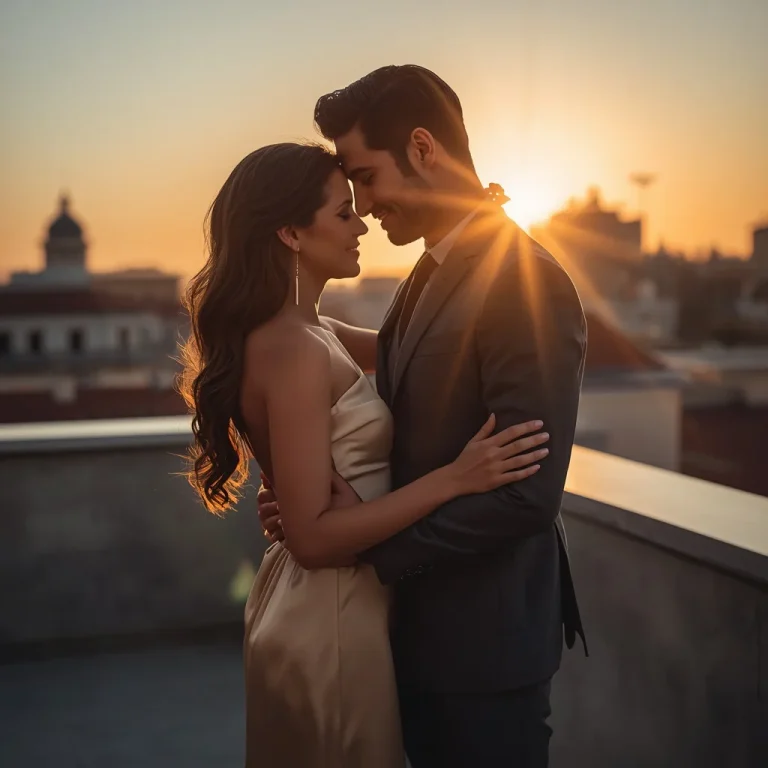 Romantic Couple In Golden Hour Rooftop Elegance | Prompt seen married couple