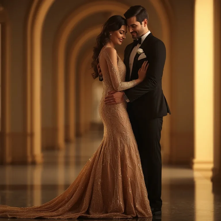 Romantic Couple In Golden Sequin Gown And Tuxedo | Elegant Couple Captured