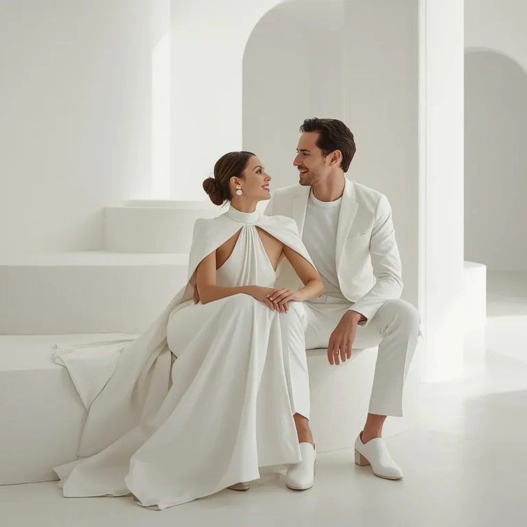 Romantic Couple In High Fashion All White Outfits | Romantic couple prompt