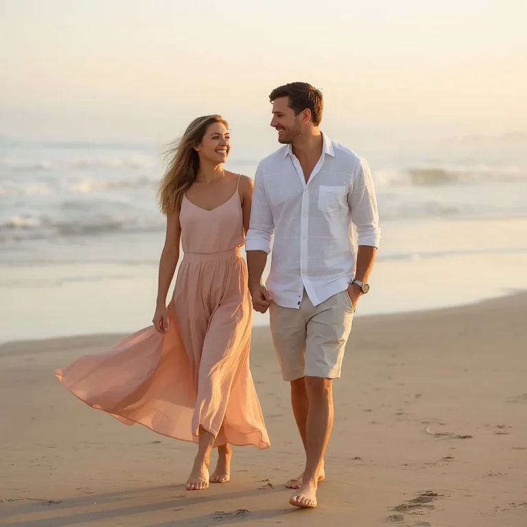 Romantic Couple in Sunrise Beach Walk Elegance | Couple prompt ChatGPT Indian
