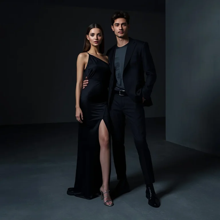 Sleek Modern Couple In Minimalist Black Silk Party Outfits | Romantic couple AI prompts Gemini