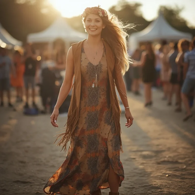 Western Festival Spirit: Flowing Boho Dress and Fringe Vest at an Outdoor Concert | beautiful woman ai prompt