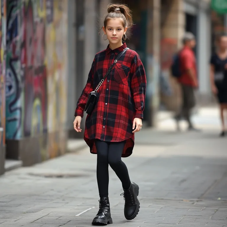 Youthful Urban Fashion: A Plaid Shirt Dress with Leggings | ai new prompt free download
